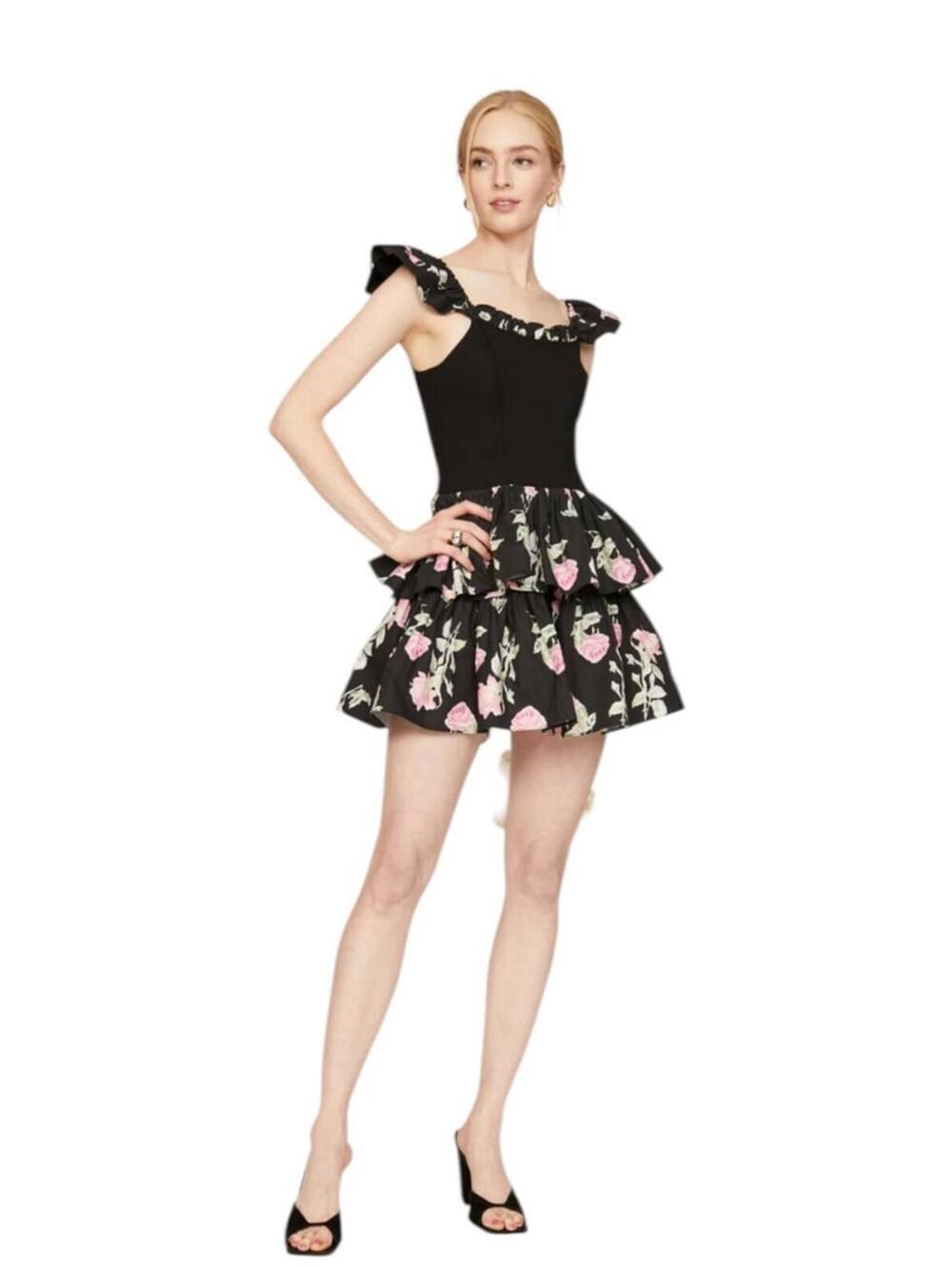 LoveShackFancy Sanam Floral Mini Dress Size 4 Black Pink Tiered